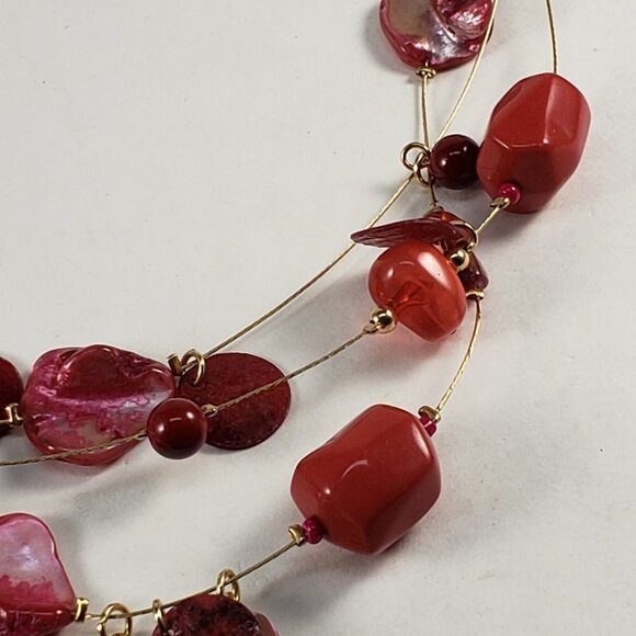 Multi-Strand Gold, Red Seashell Beads Illusion 20" Necklace - Matching Earrings - Picture 6 of 12